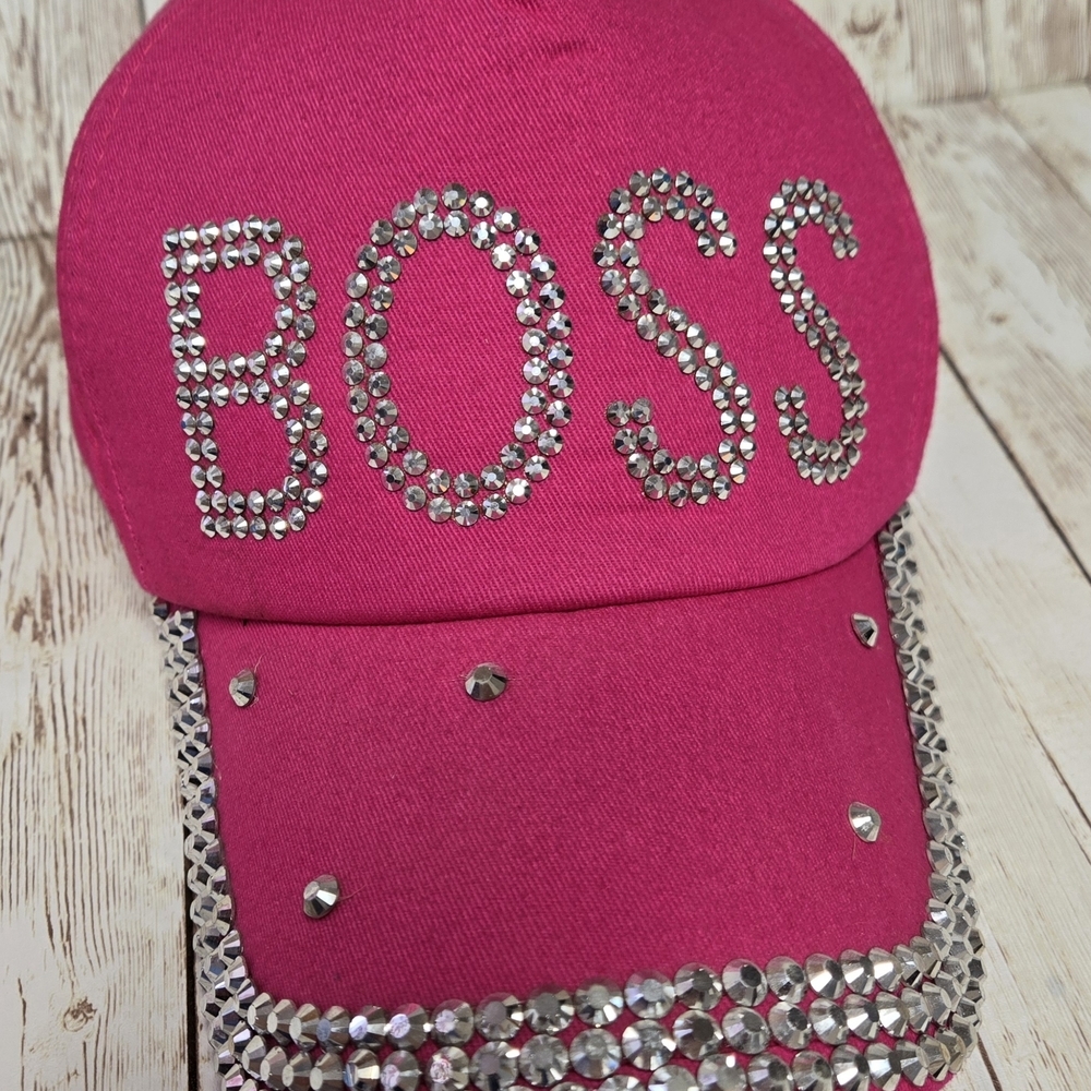 Pink Rhinestone BOSS Hat Bling Studded Baseball Cap Adjustable EUC - Picture 1 of 7